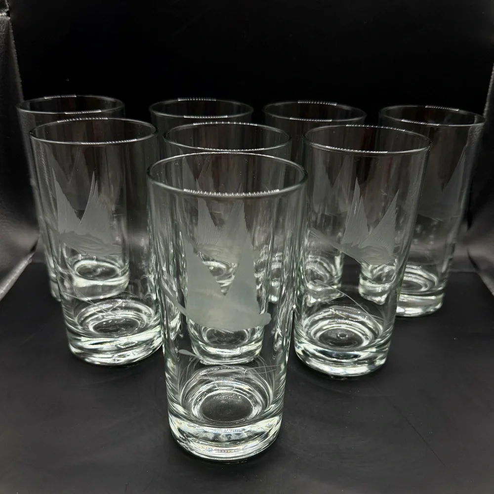 VTG Mid-Century Etched Flying Geese Highball Glasses‎ - Set of 8 - MCM Barware